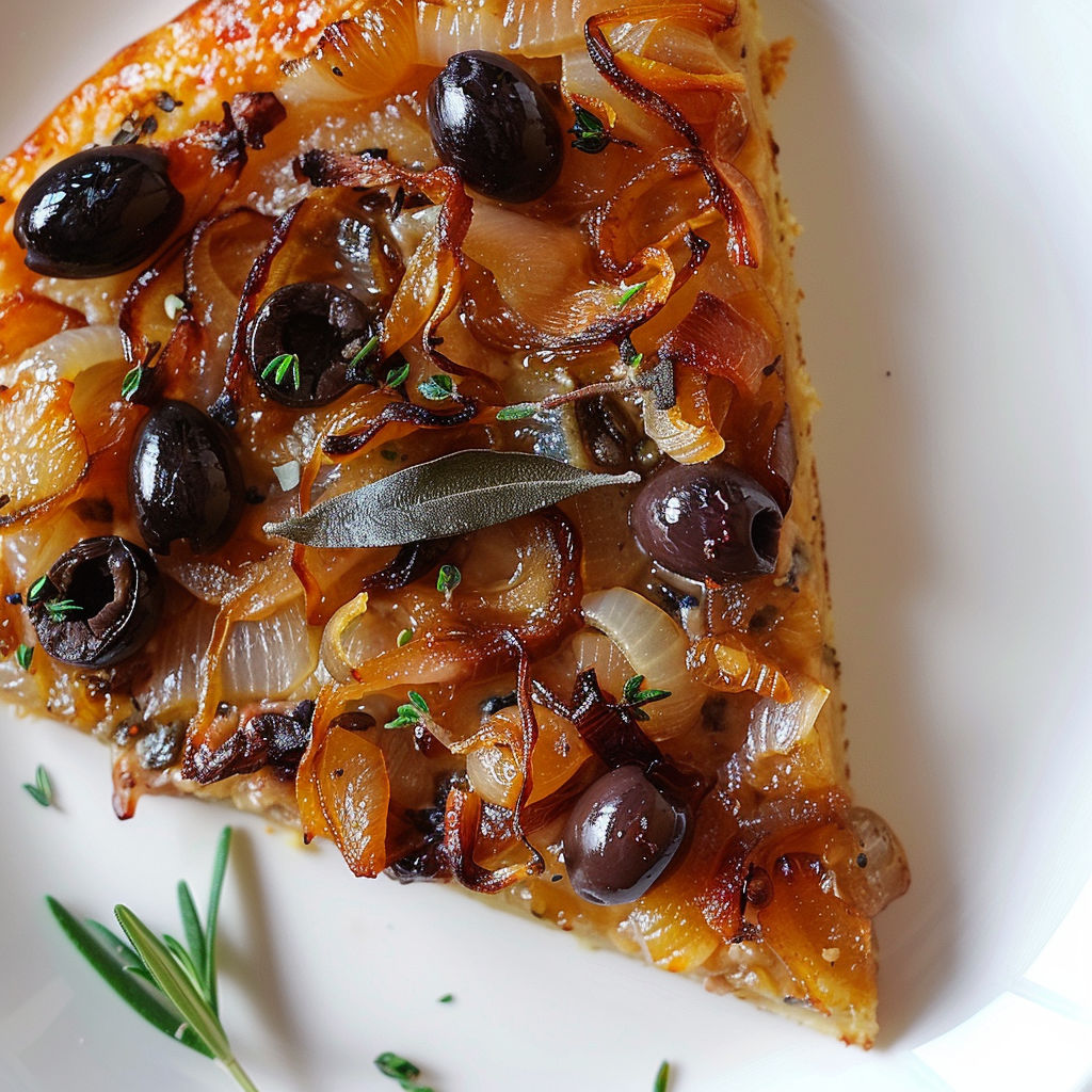 Pizza maison avec olives, oignons et herbes.