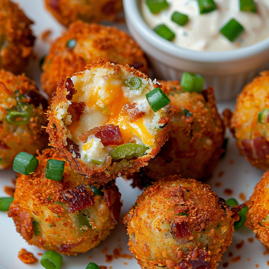 Croquettes croustillantes fromage bacon sur une assiette avec sauce yaourt et herbes.