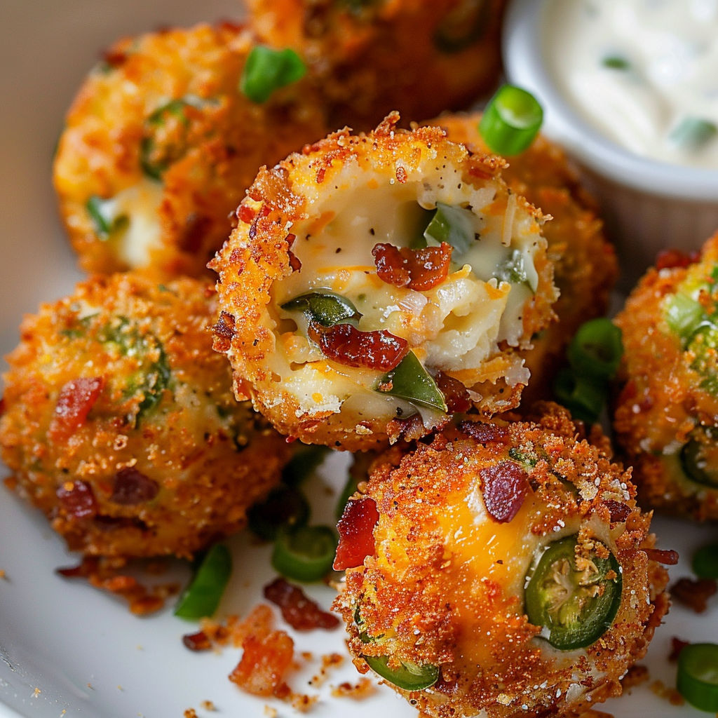 Boulettes croustillantes bacon-piment posées avec sauce pesto verte.