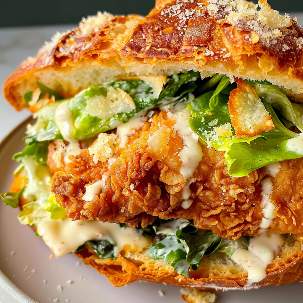 Un sandwich avec du poulet croustillant et une salade César, servi dans un croissant.