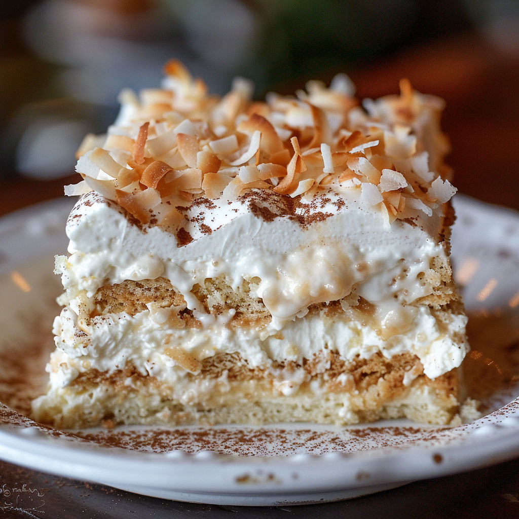 Un gâteau coquito à la noix de coco garni de copeaux, présenté sur un plateau.