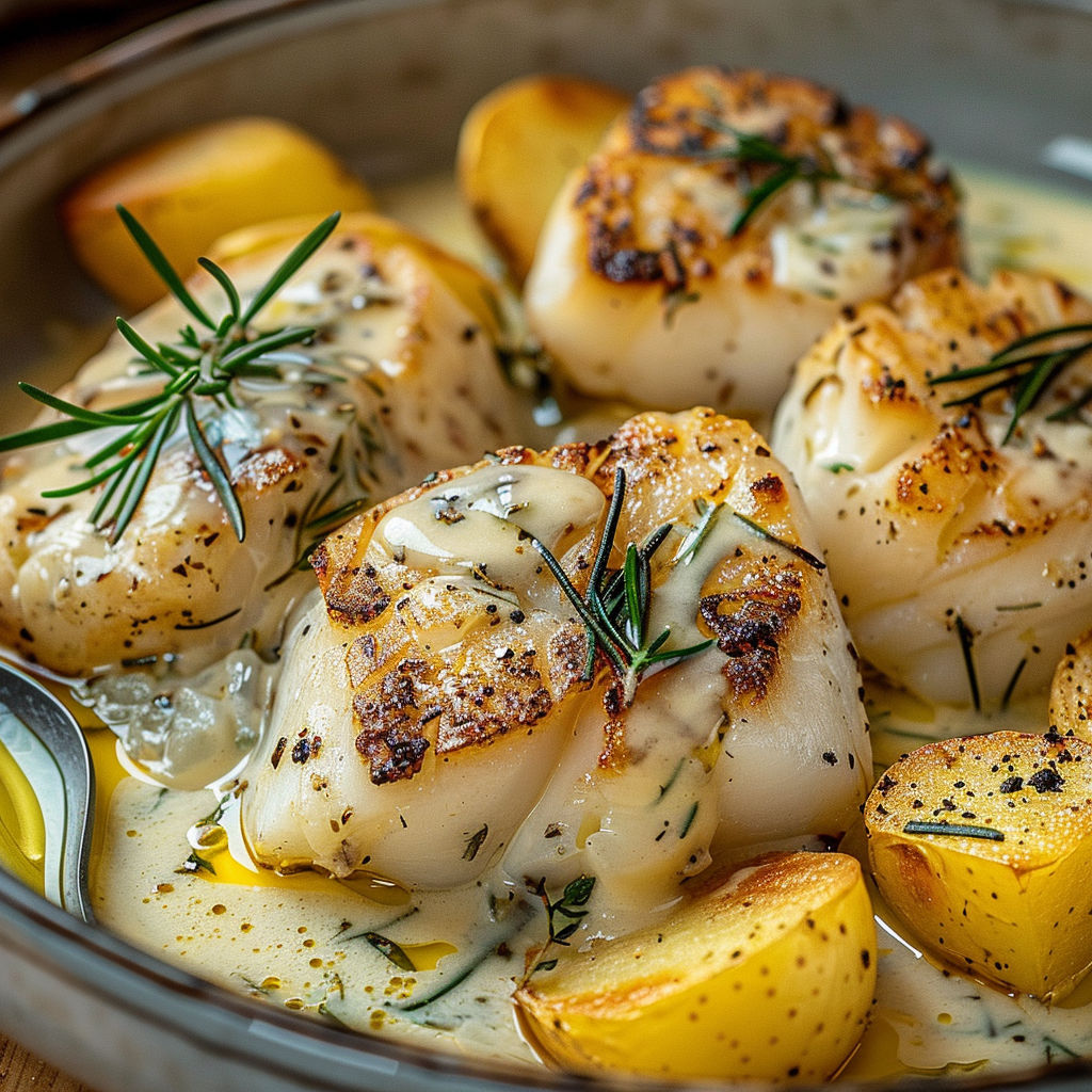 Un cabillaud crémeux accompagné de pommes moelleuses et délicatement parfumé au romarin.