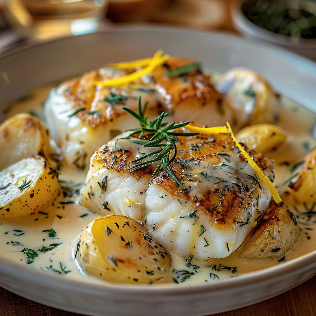 Filets de cabillaud, pommes de terre et sauce crémeuse au romarin.