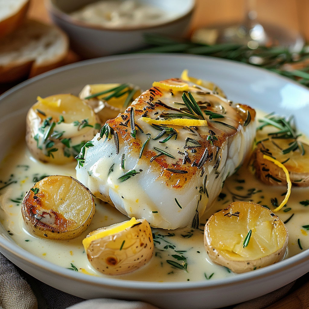 Une belle assiette de cabillaud crémeux au romarin accompagnée de pommes de terre et poivrons.