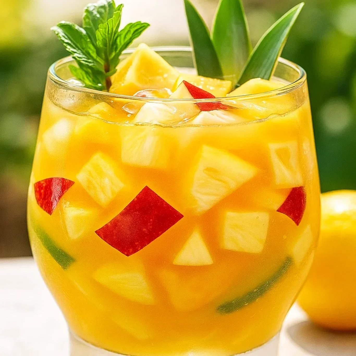 Verre exotique à l'ananas et grenadine, garni de fruits frais.