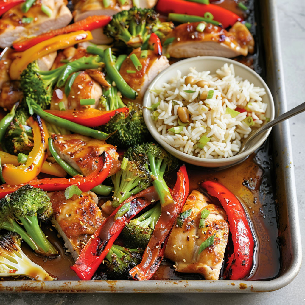 Assiette colorée avec riz, poulet, brocolis, poivron rouge et oignons.