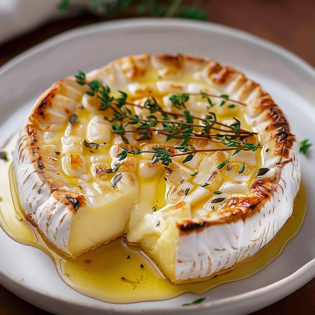 Un fromage coulant avec des herbes et épices autour.