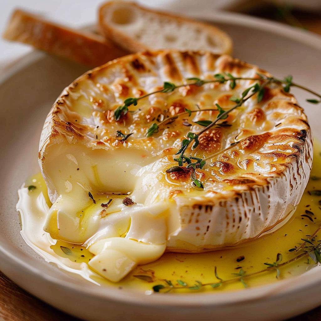 Un plat de fromage fondu parfumé avec herbes et pain grillé à côté.