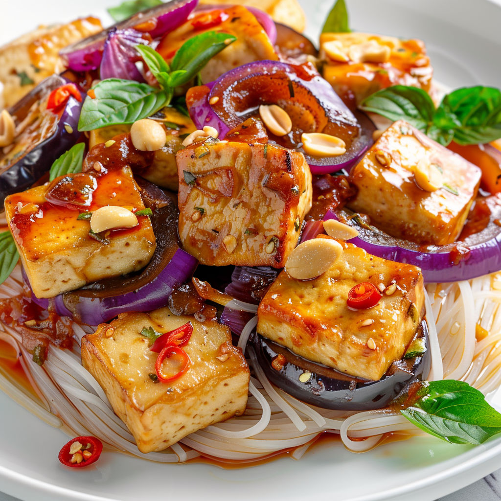 Tofu sauté et aubergines aigre-douces avec noix de cajou et herbes fraîches.