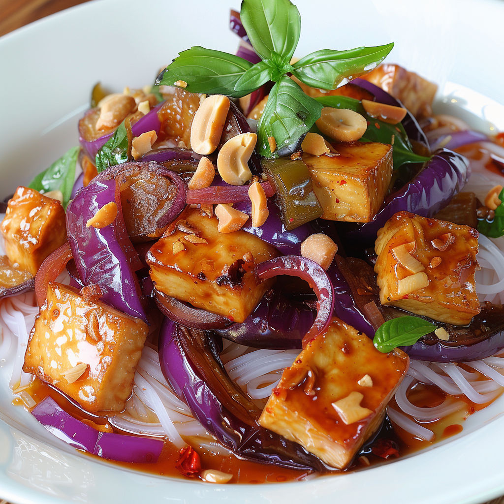Bol coloré avec Tofu Aigre-Doux, aubergines, herbes fraîches et noix de cajou grillées.