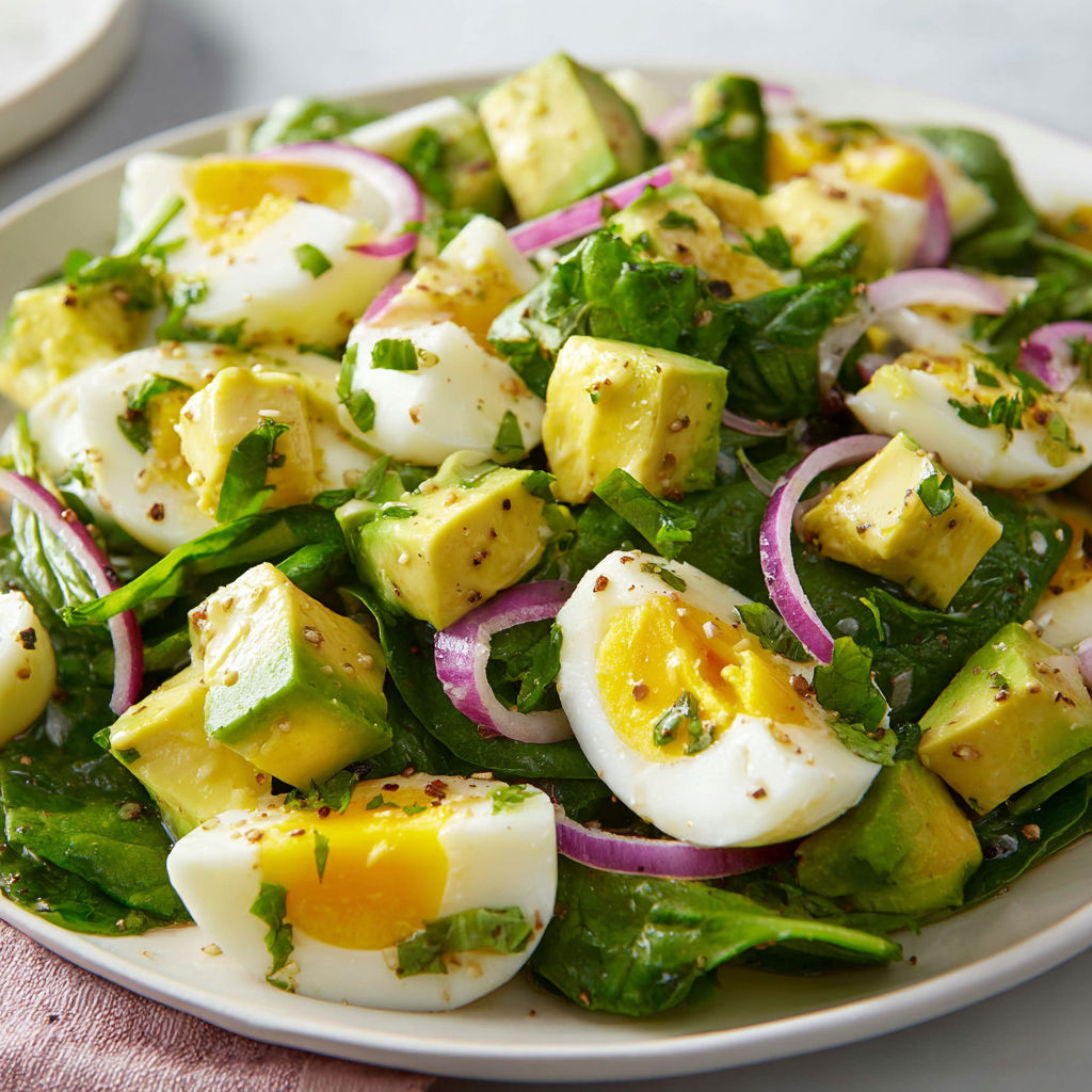 Un plateau orné d’une salade pleine de couleurs, avec avocat, épinards et œufs.