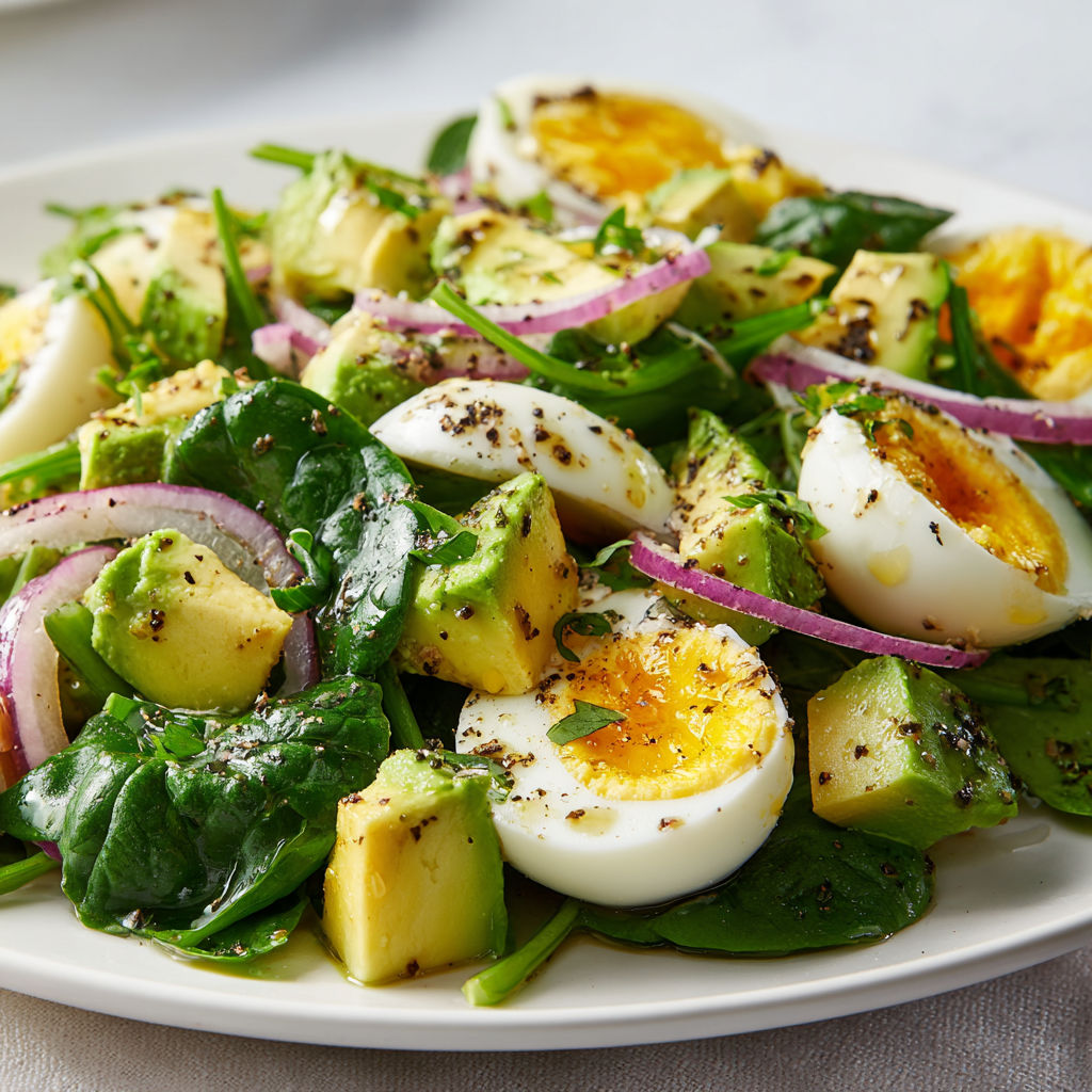 Salade avec avocat, œufs, pousses d’épinards et poulet.