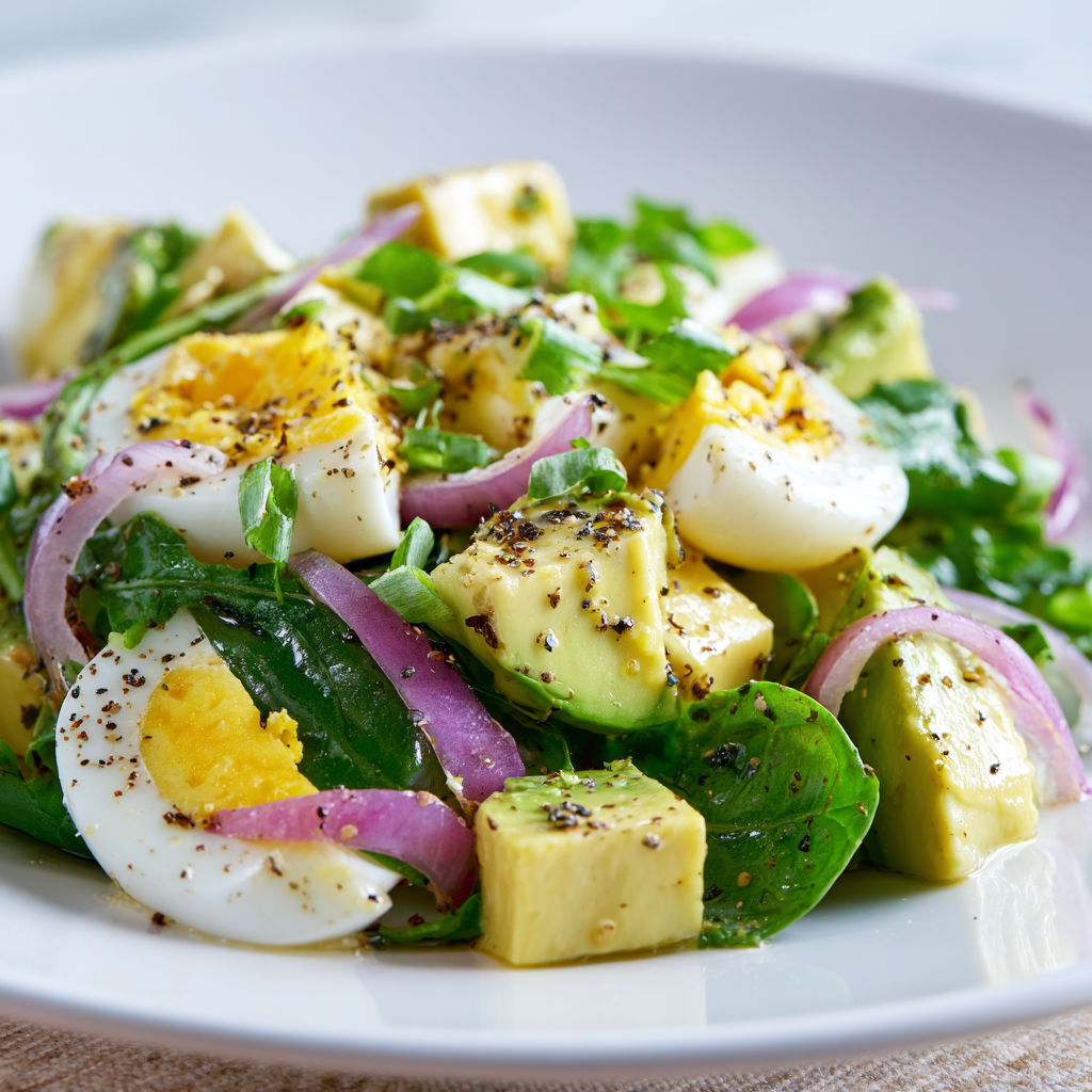 Salade de poulet, œufs et jeunes pousses vertes.