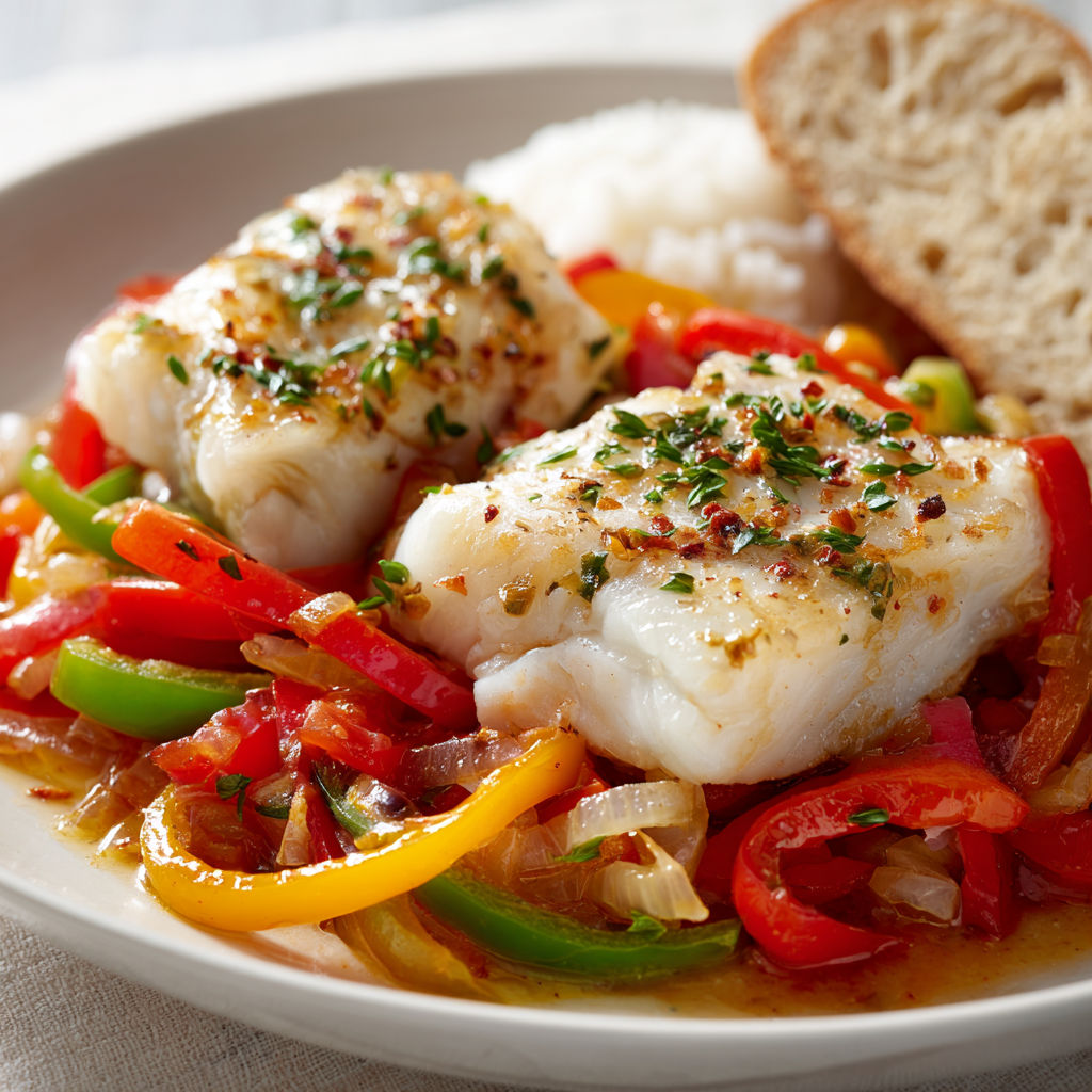 Un délicieux cabillaud à la basquaise servi avec des poivrons colorés et du pain frais.