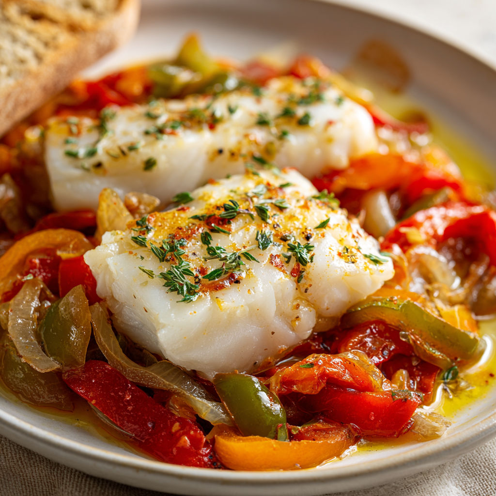 Filets de poisson mijotés avec poivrons et oignons servis avec une tranche de pain.