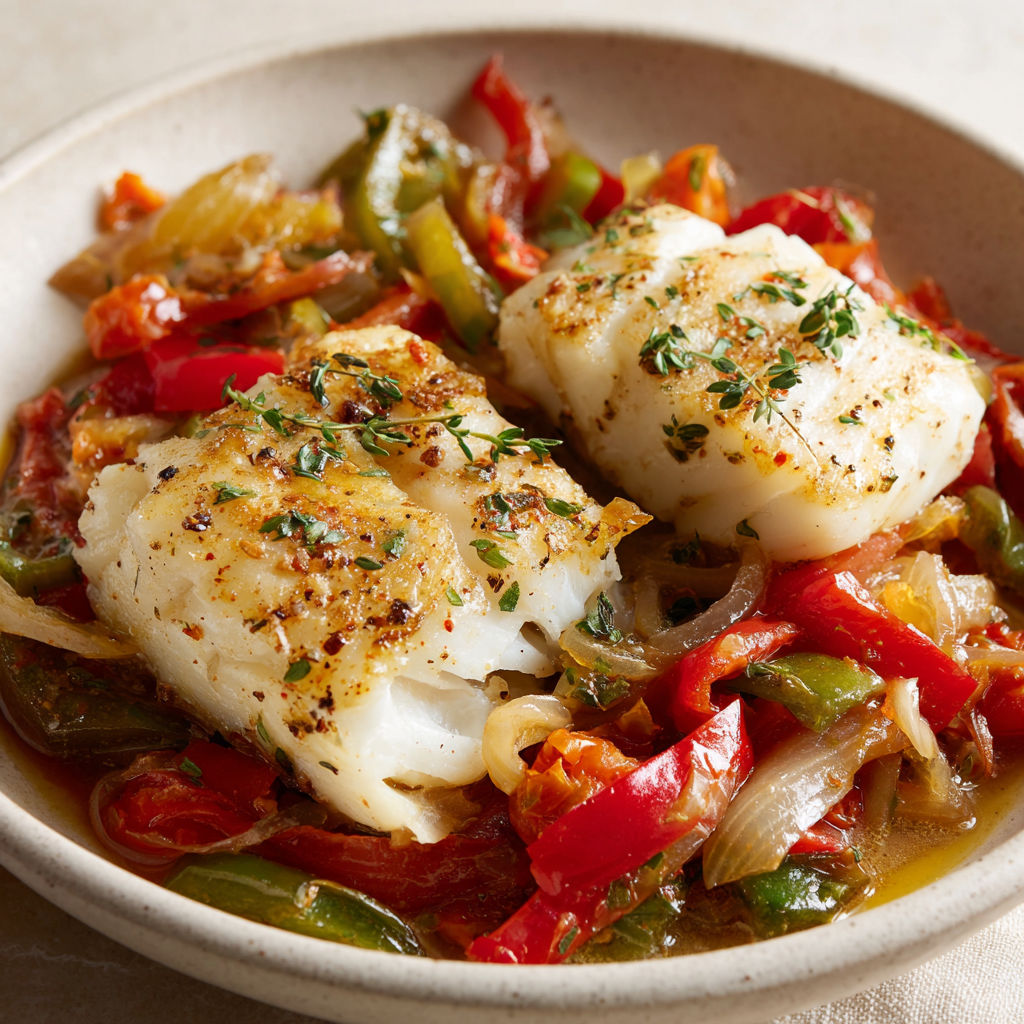 Cocotte de poisson aux légumes du Sud tomates poivrons oignons.