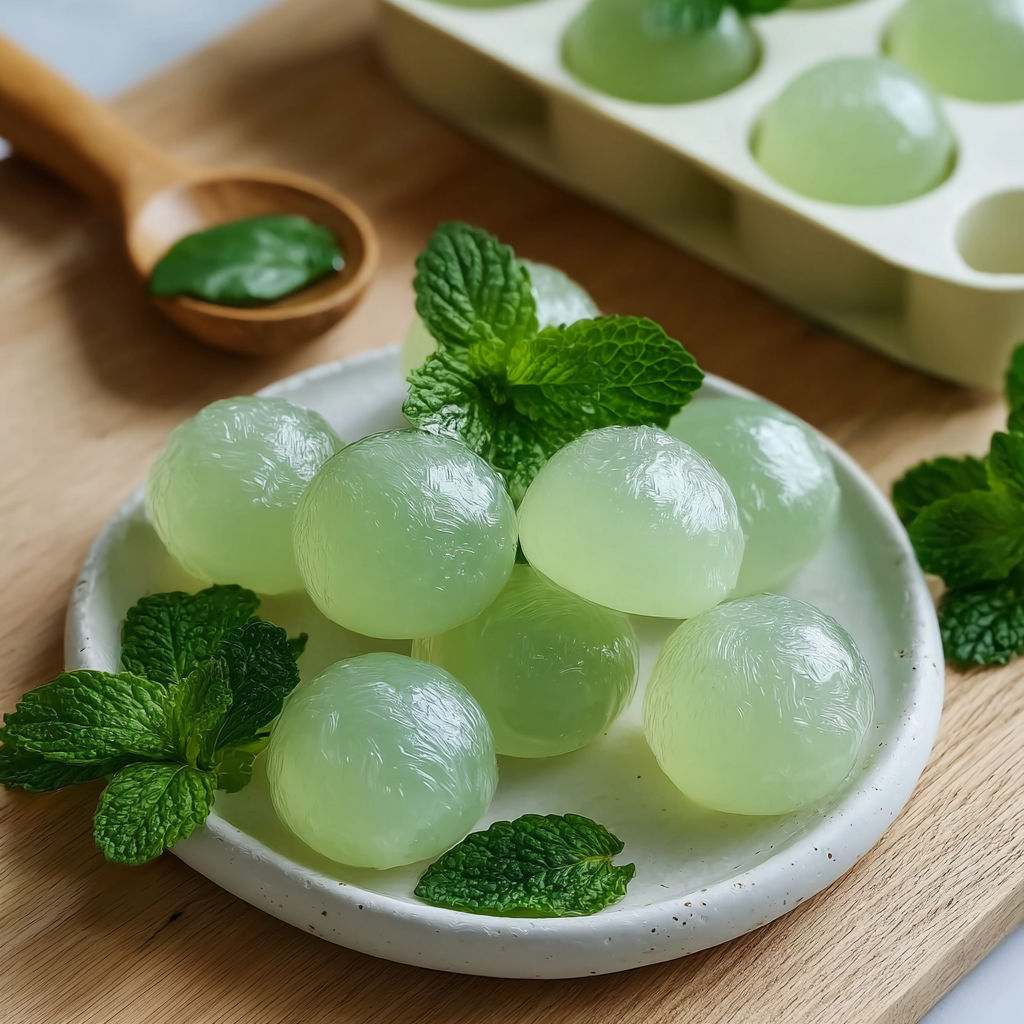 Bonbons maison frais à la menthe, verts et invitants, dressés sur un plateau bois.