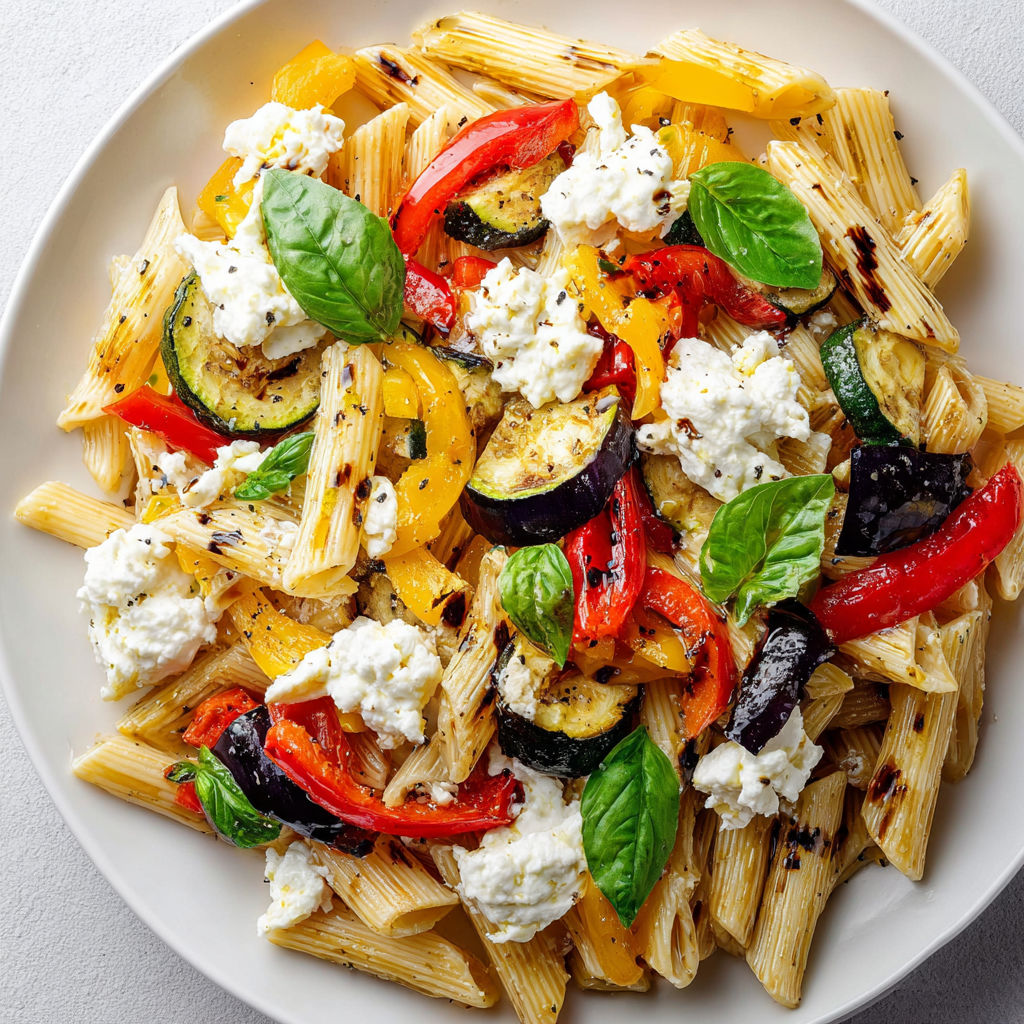 Un plat de pâtes agrémenté de légumes dorés et de ricotta fraîche.