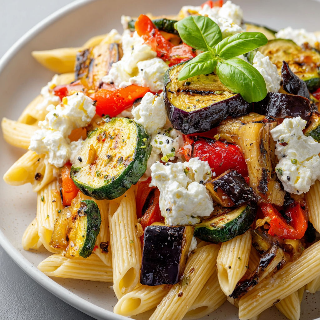 Un plat de pâtes avec des légumes verts et du basilic.