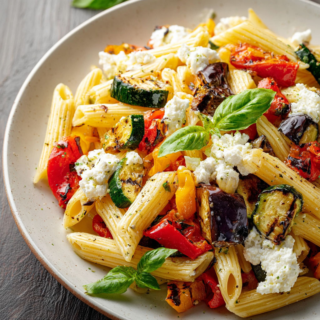 Un plat de spaghettis, sauce tomate et légumes, avec des courgettes et des herbes.