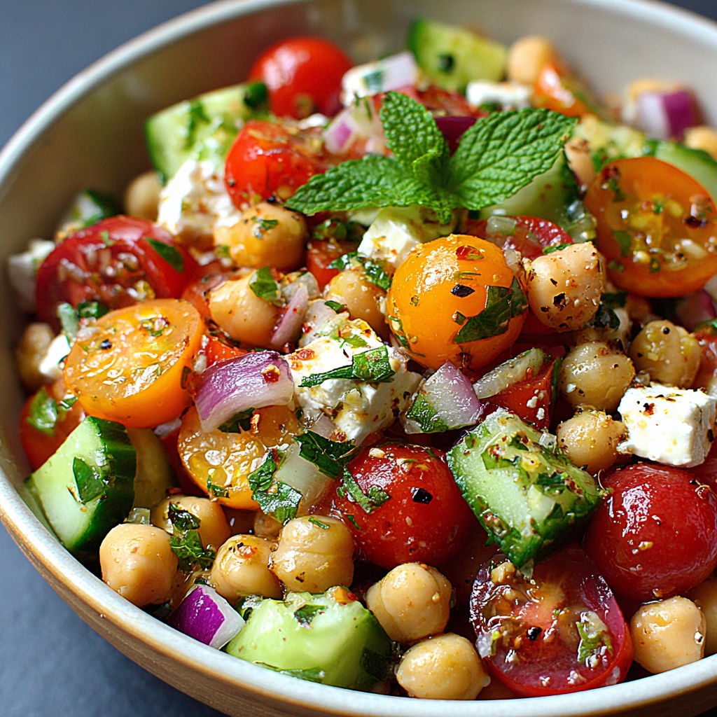 Salade fraîche avec pois chiches, tomate, feta dorée et herbes.