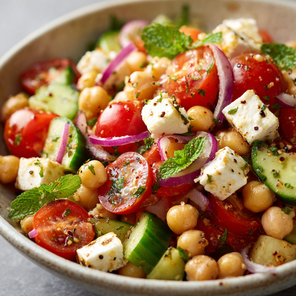 Un mélange coloré de tomates, concombre, pois chiches et herbes servi dans un saladier.