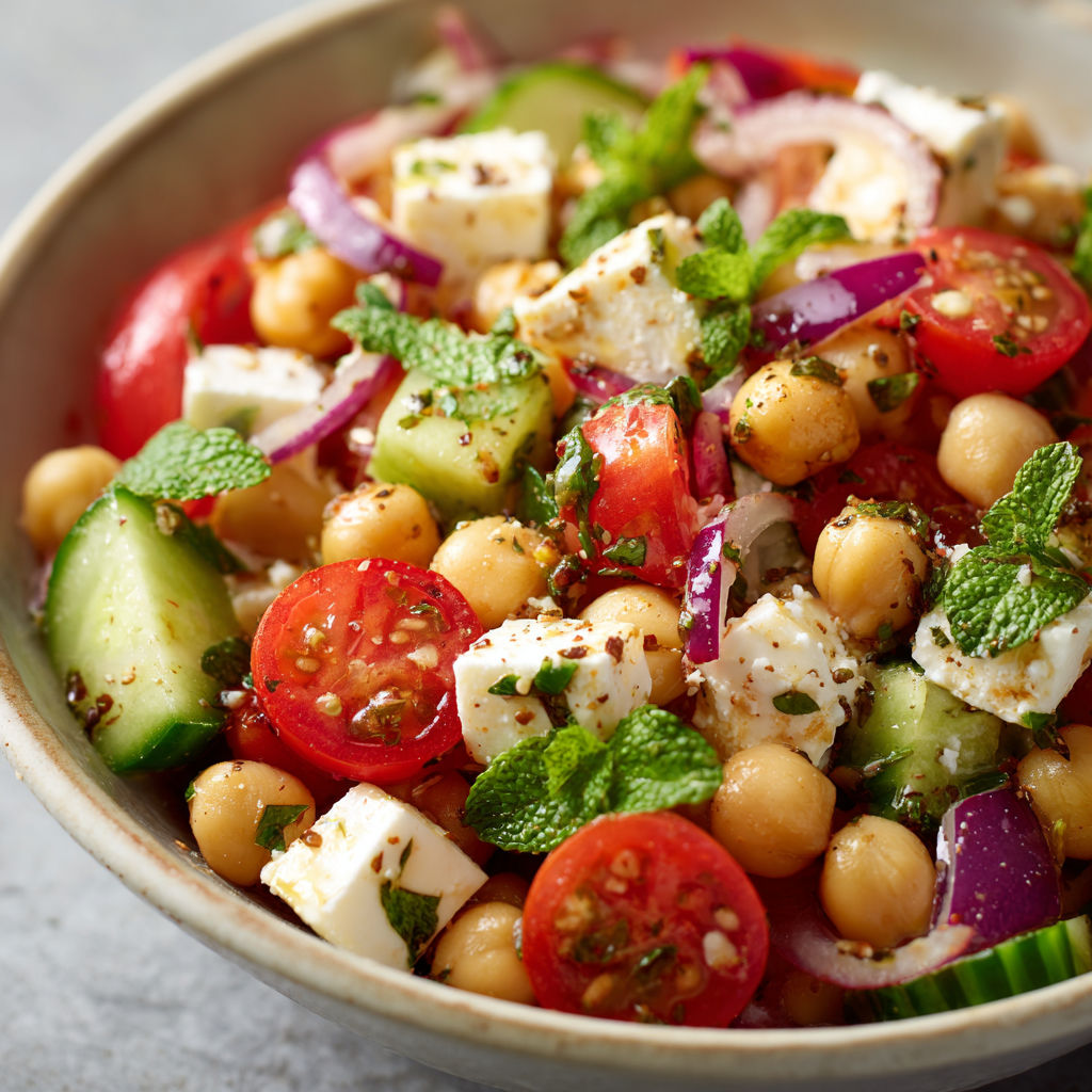 Un mélange coloré de tomates, concombre, pois chiches et herbes servi dans un saladier.