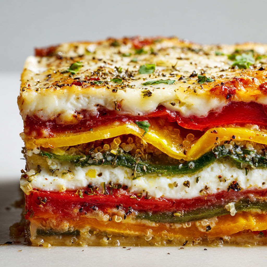 Superposition colorée de quinoa, poivrons et sauce tomate, idéale pour un moment frais.