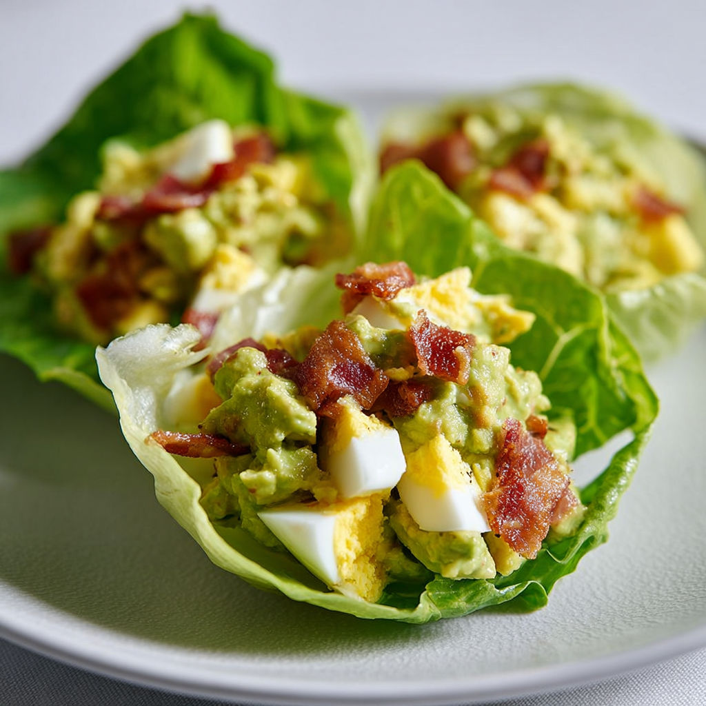 Feuilles de laitue avec avocat, lard et œufs garnis.