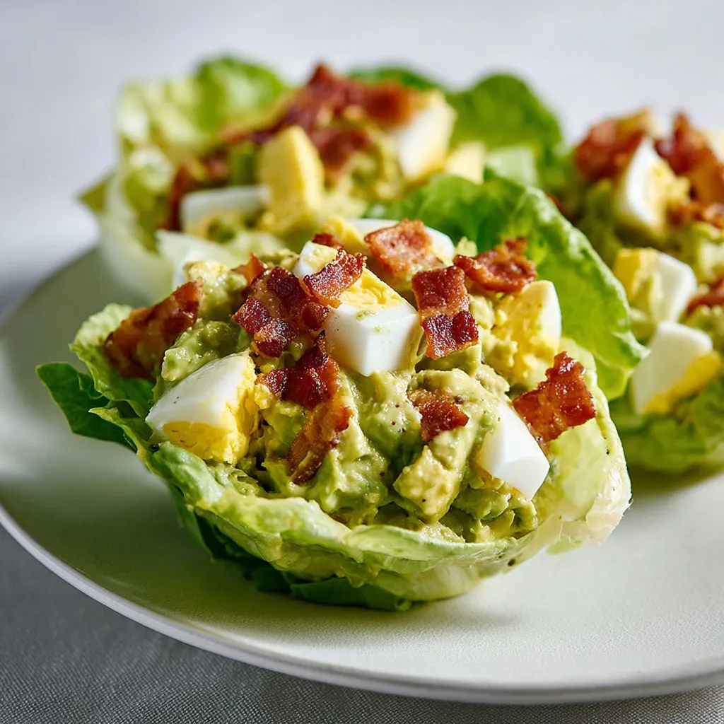 Salade avec bacon, laitue, œufs et verts, disposée sur une assiette.