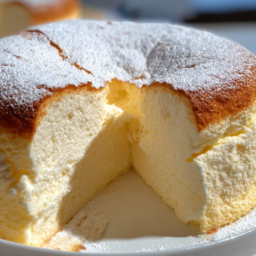 Un morceau de gâteau soufflé au yaourt et à la vanille posé sur un plateau.