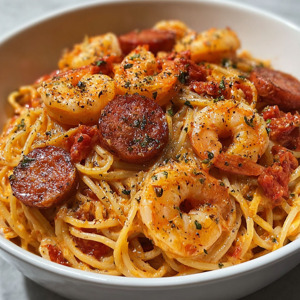 Pâtes crémeuses aux crevettes et chorizo, un plat réconfortant et gourmand.