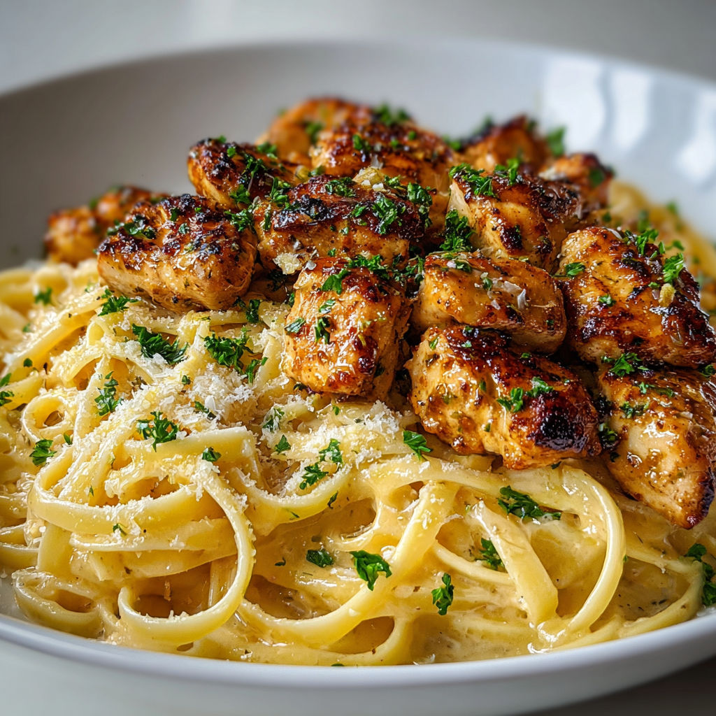Un délicieux poulet aromatisé au citron et à l'ail servi sur des linguines crémeuses au parmesan, rehaussé d’épices et de beurre.