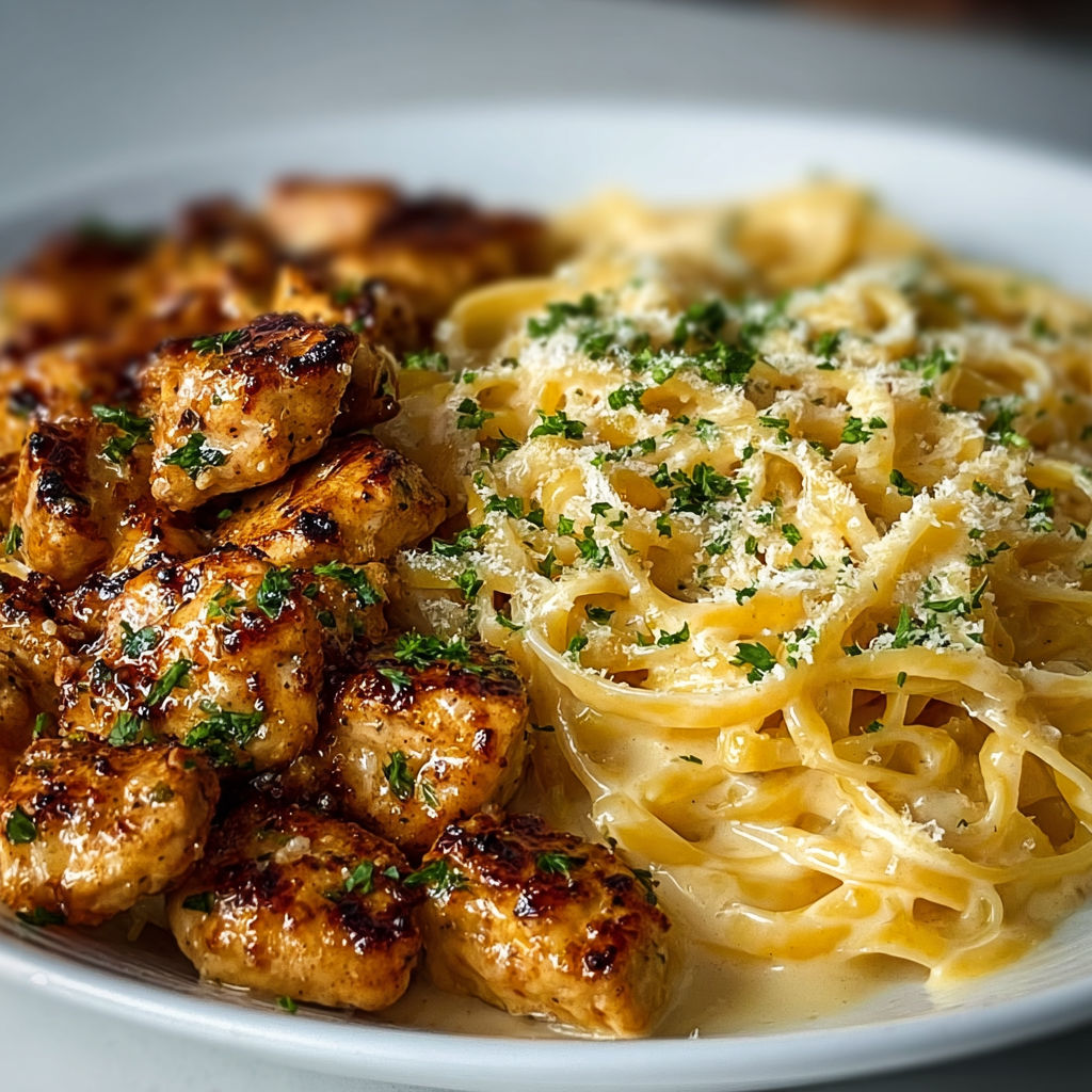 Une belle assiette de linguines au poulet parfumé au citron et crème de parmesan, accompagnée de tomates et d’épinards.