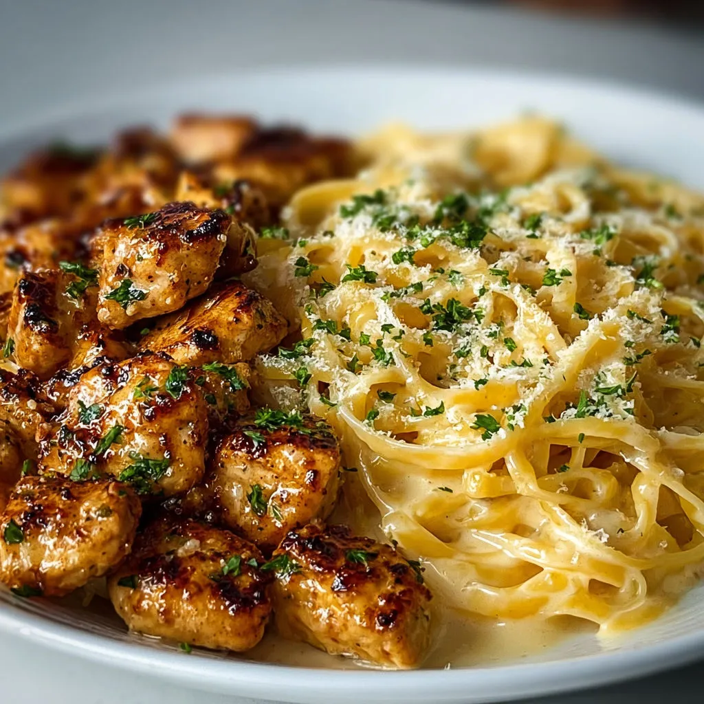 Une belle assiette de linguines au poulet parfumé au citron et crème de parmesan, accompagnée de tomates et d’épinards.