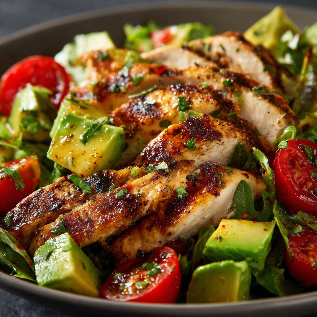Un bol rempli d’une salade fraîche avec poulet grillé, avocat et coriandre.
