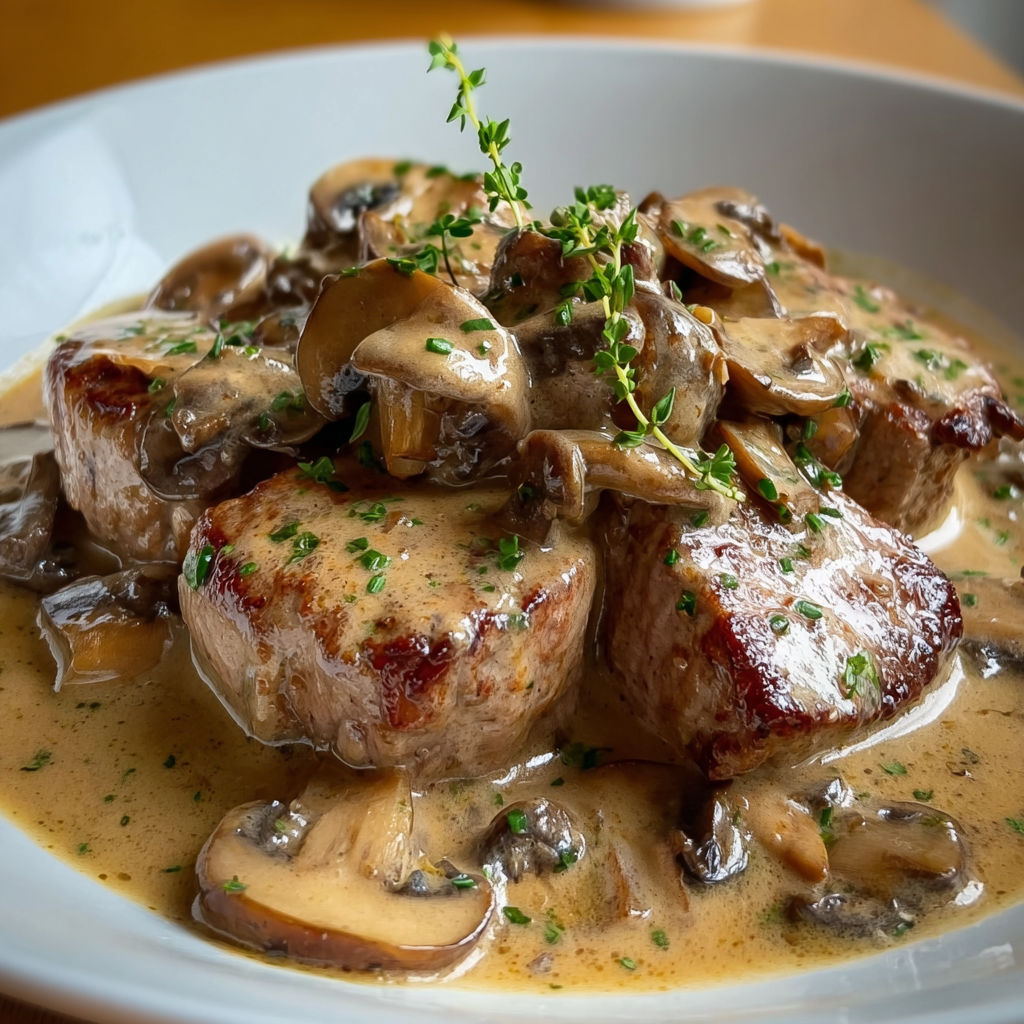 Une belle assiette de viande tendre, champignons et herbes, nappée d’une sauce crémeuse aux champignons.