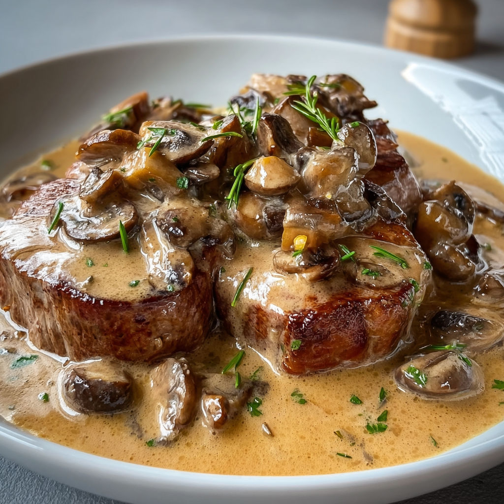Plat de viande tendre, champignons et herbes fraîches dans une sauce crémeuse.