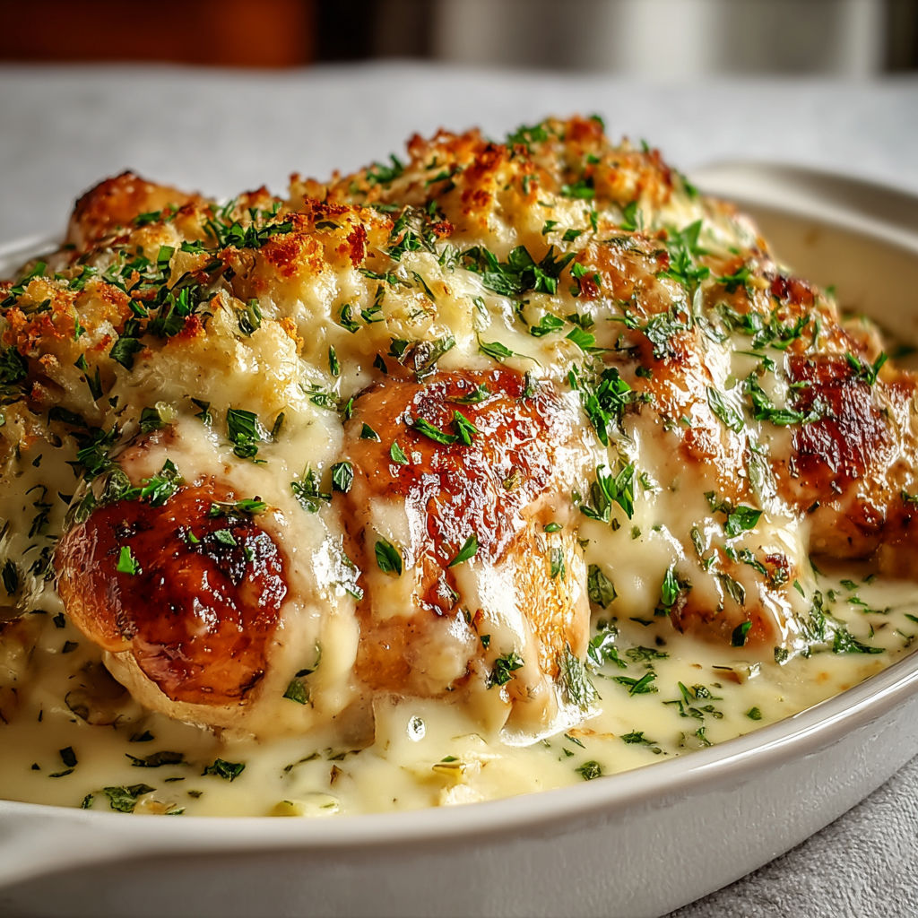 Poulet juteux et crémeux avec une sauce au fromage gratiné, servi avec verdure et légumes.