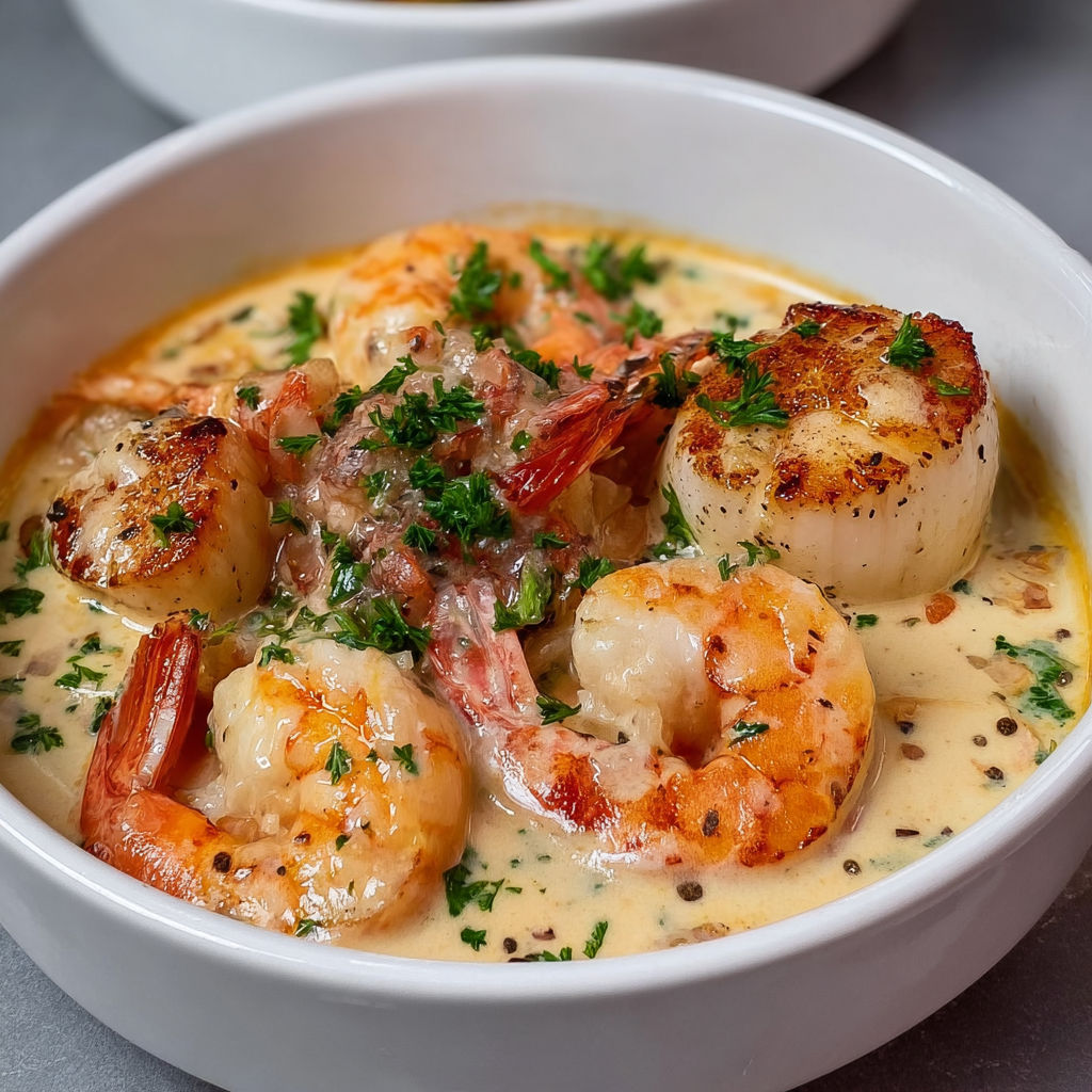 Cassolettes gourmandes de gambas et Saint-Jacques dans une sauce douce.