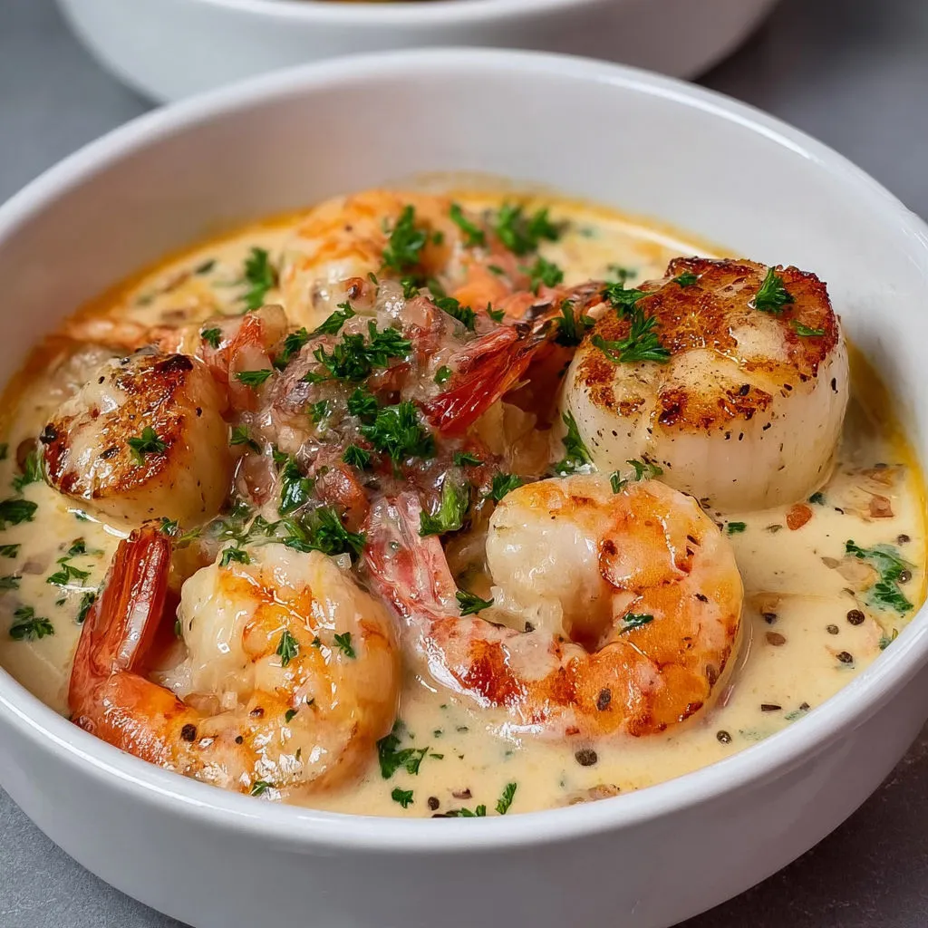 Cassolettes gourmandes de gambas et Saint-Jacques dans une sauce douce.