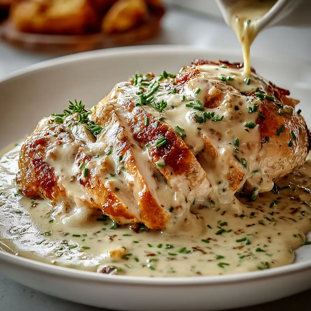 Un bon plat de poulet en sauce crémeuse au pesto, décoré d’herbes et de légumes, présenté sur un plateau.