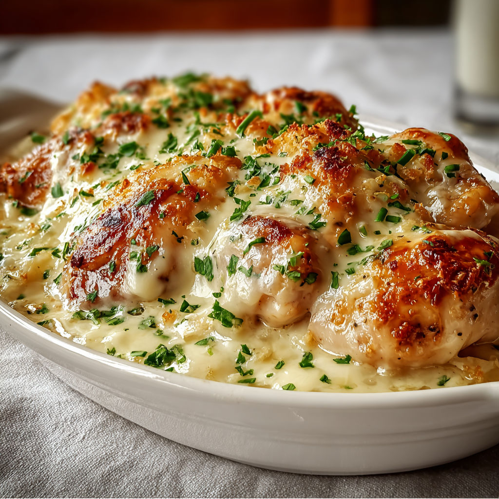 Un gratin de poulet croustillant, des herbes et fromage fondant, servi dans un bol sur la table.