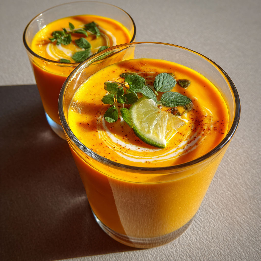 Deux verres pleins de soupe carotte, citron vert et menthe fraîche.
