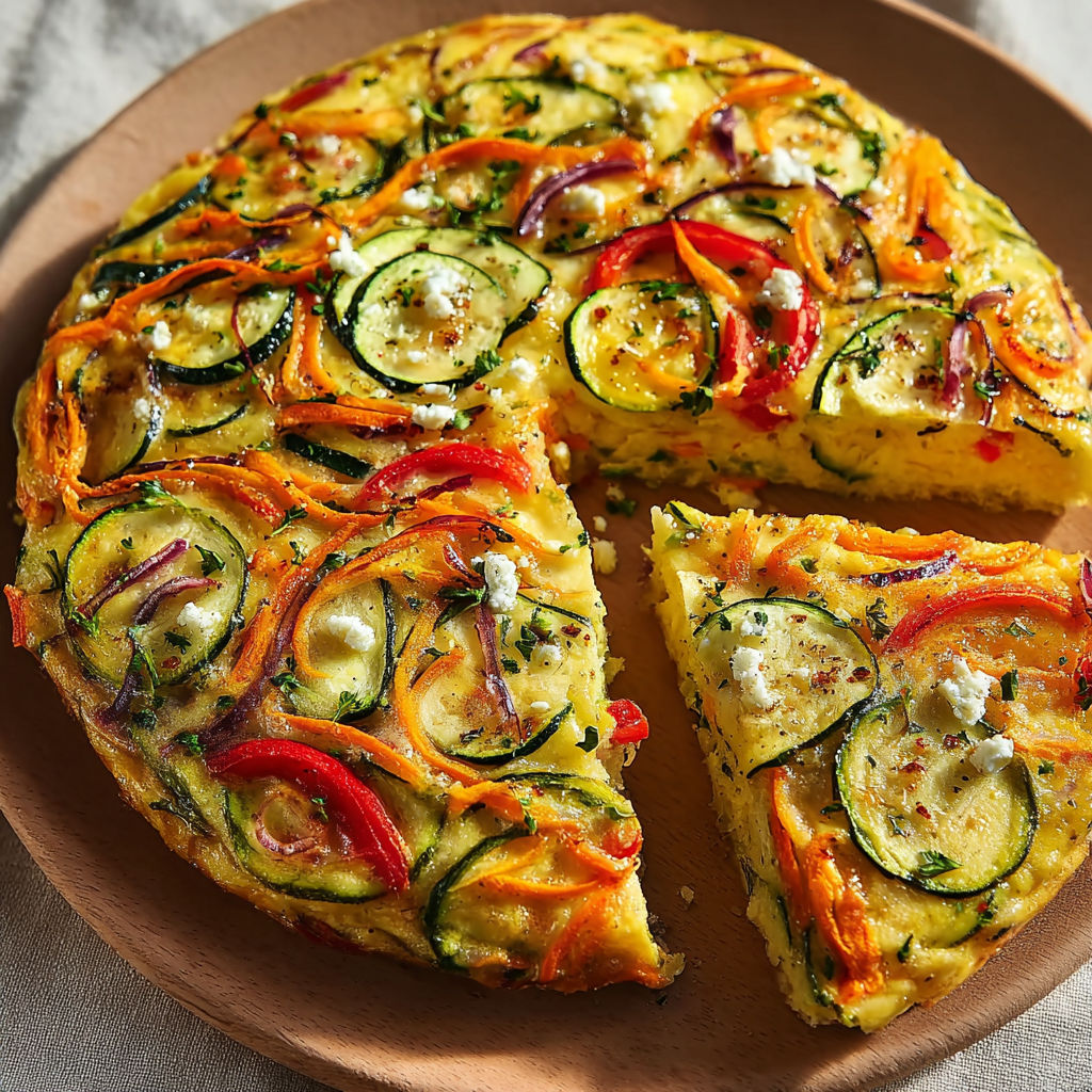 Une tarte rustique aux légumes et fromage, avec des carottes et des courgettes, est servie sur un plateau.