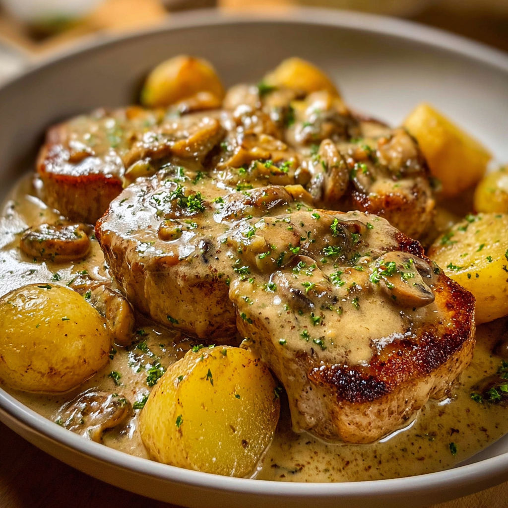 Plat de porc avec sauce crémeuse et pommes de terre.