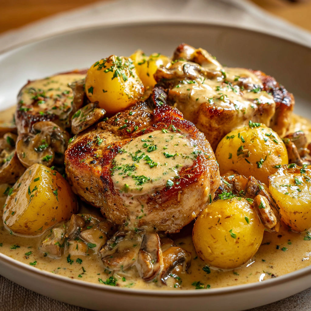 Un plat de poulet avec pommes de terre et champignons.