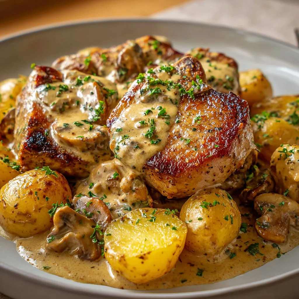 Un plat de poulet avec pommes de terre et champignons.