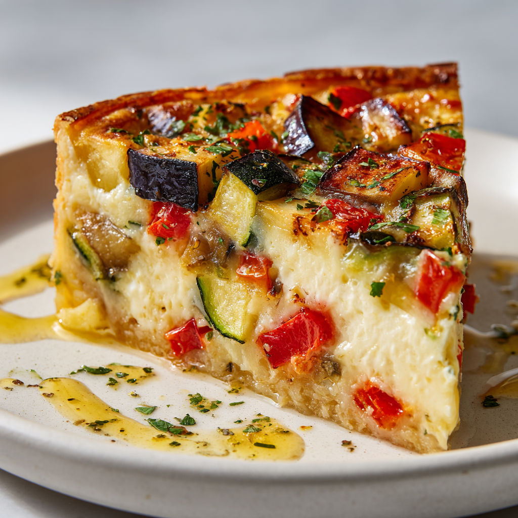 Une tranche de flan aux légumes du Sud avec courgettes, aubergines et tomates détaillée joliment servie.