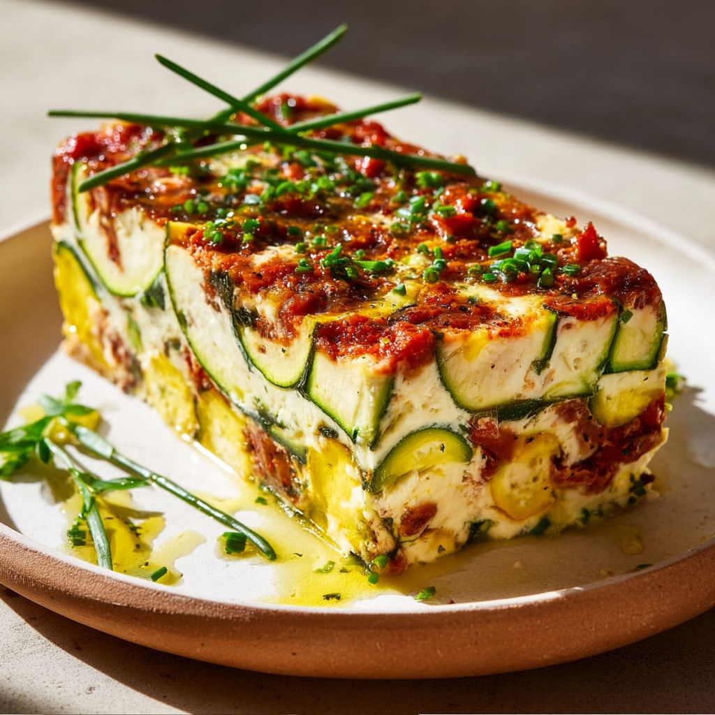 Sur un plateau, une terrine de courgettes aux touches épicées de chorizo.